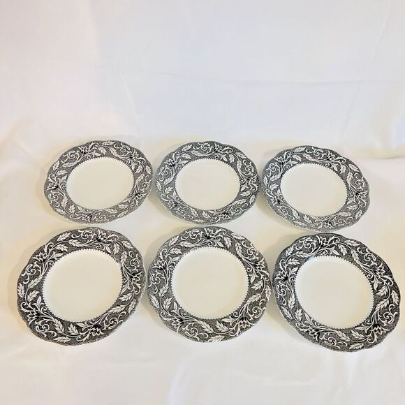 6 J.G. Meakin English Ironstone Sterling Renaissance Black 7" Dessert Plates - Picture 4 of 9
